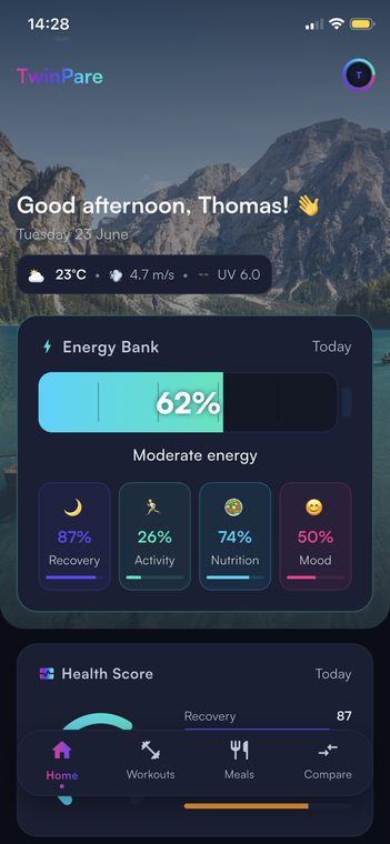 TwinPare Health & Fitness showing Energy Bank and daily health overview