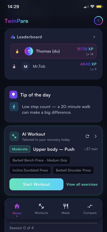Comparison and motivation view in TwinPare Health & Fitness