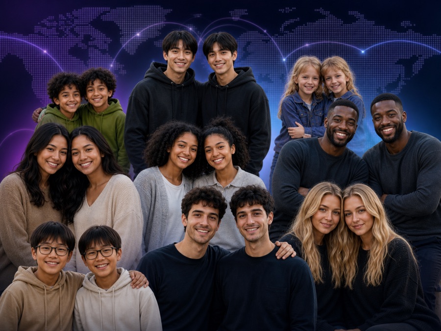 Diverse twin pairs from around the world with a subtle global data background