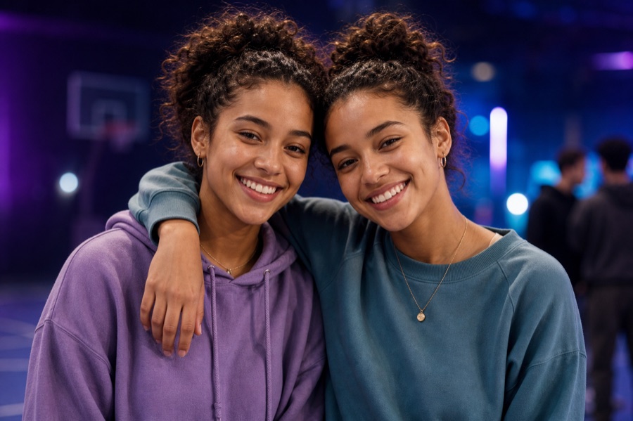 Smiling twins in a warm social lifestyle setting