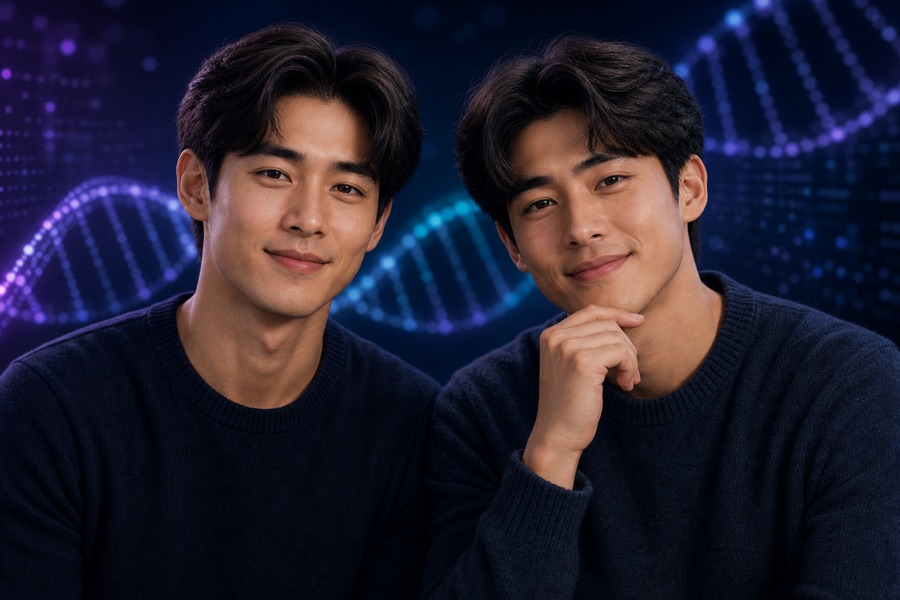 Adult twins with subtle DNA and genetics visuals in the background