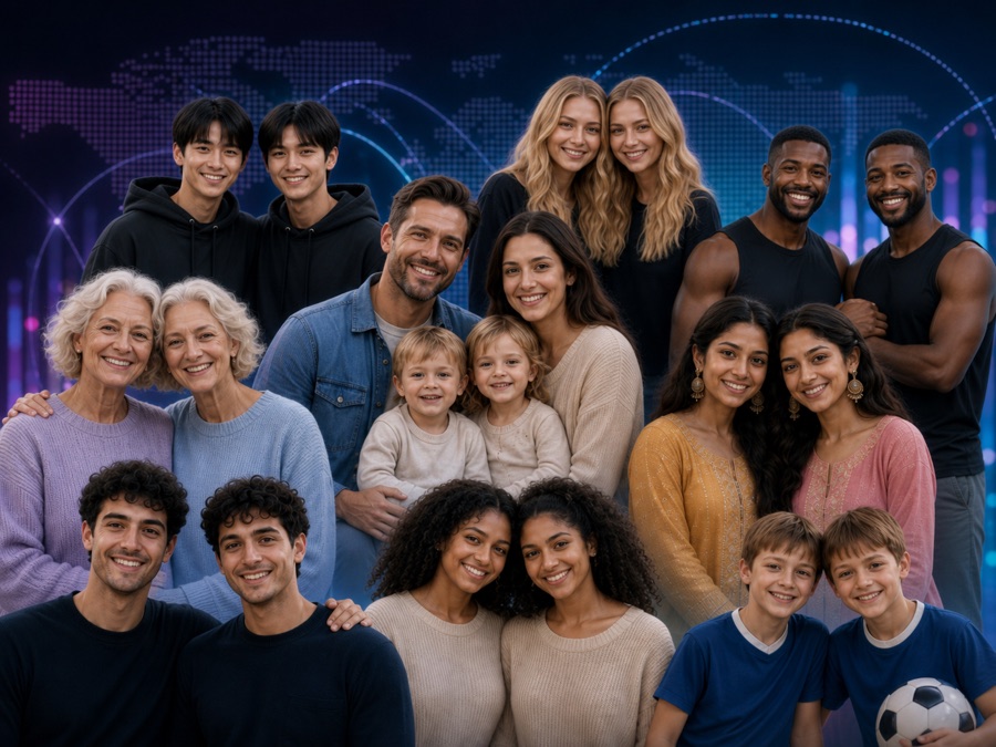 Global group of twins across ages and backgrounds