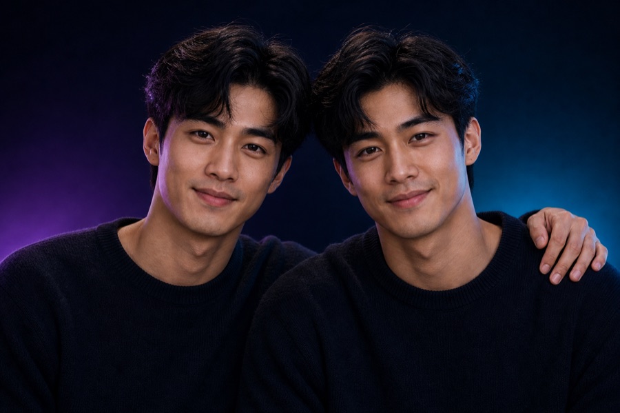 Identical adult twins in a premium portrait