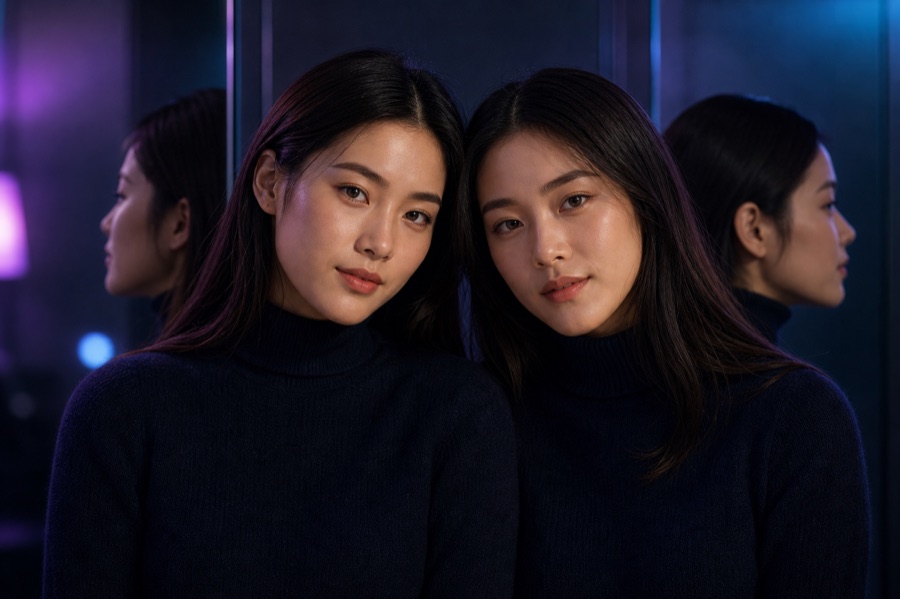 Twin portrait with a subtle mirror reflection motif