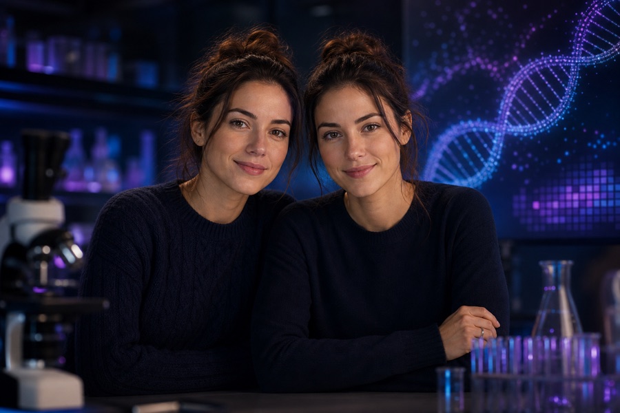 Adult twins in a research inspired setting with DNA visuals