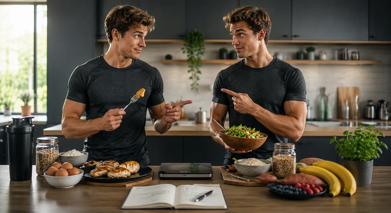 Editorial illustration of identical twins with different dietary plans in a kitchen
