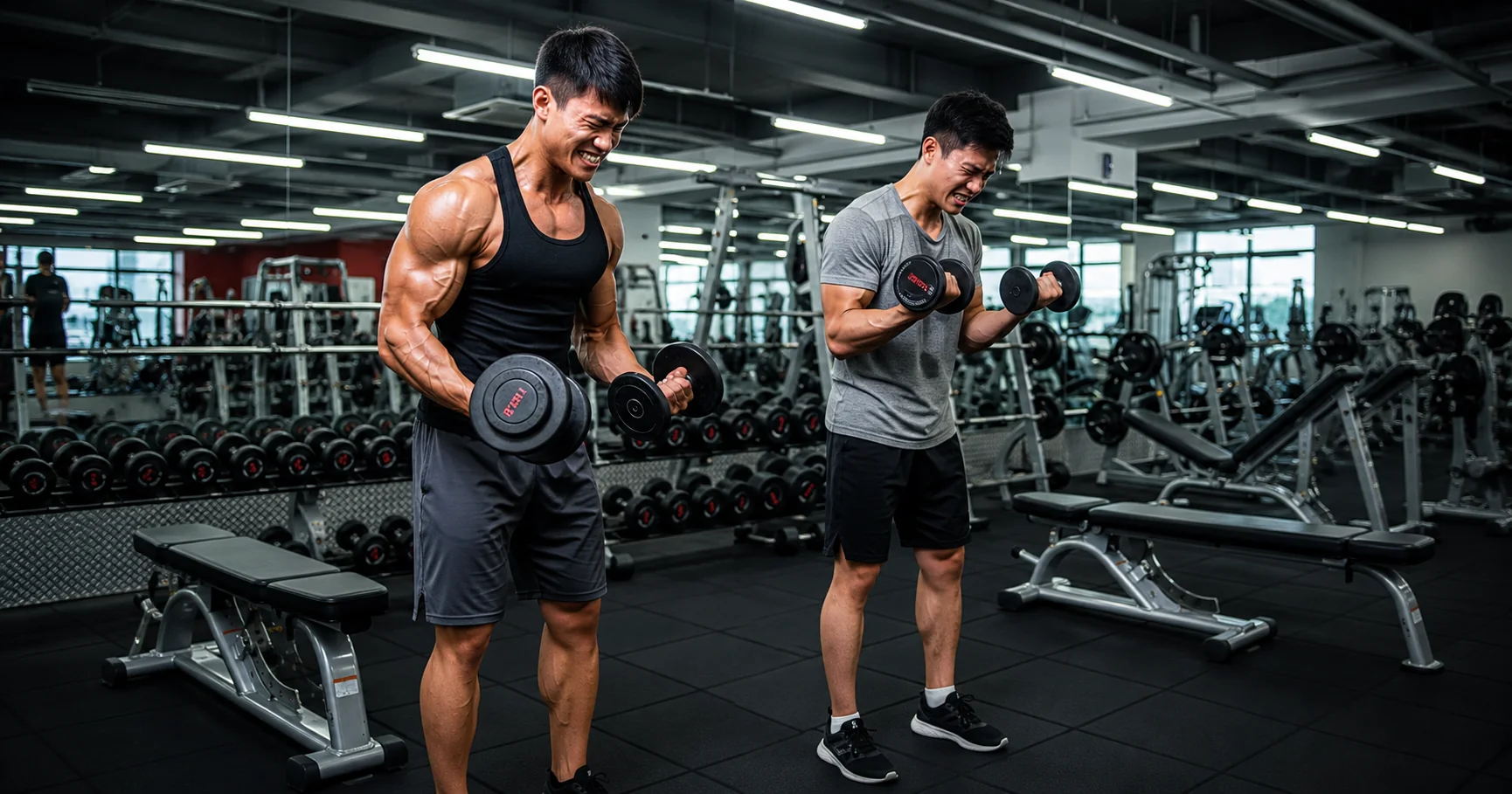 Two twins doing strength training with different loads and effort