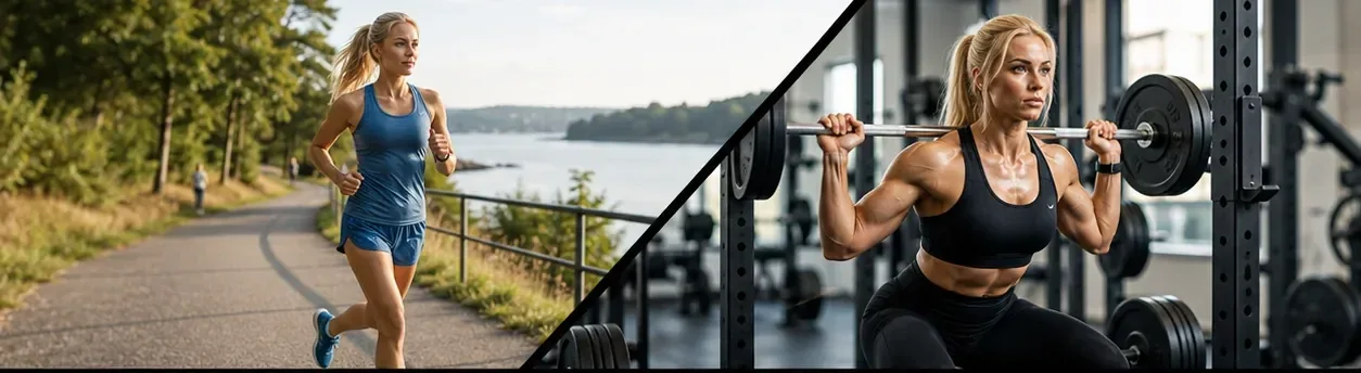 Split image with cardio running on one side and resistance training on the other