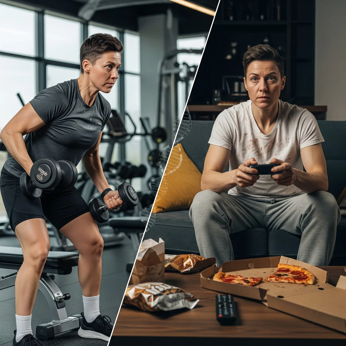 Twin comparison between strength training and a sedentary lifestyle with a DNA symbol in the centre