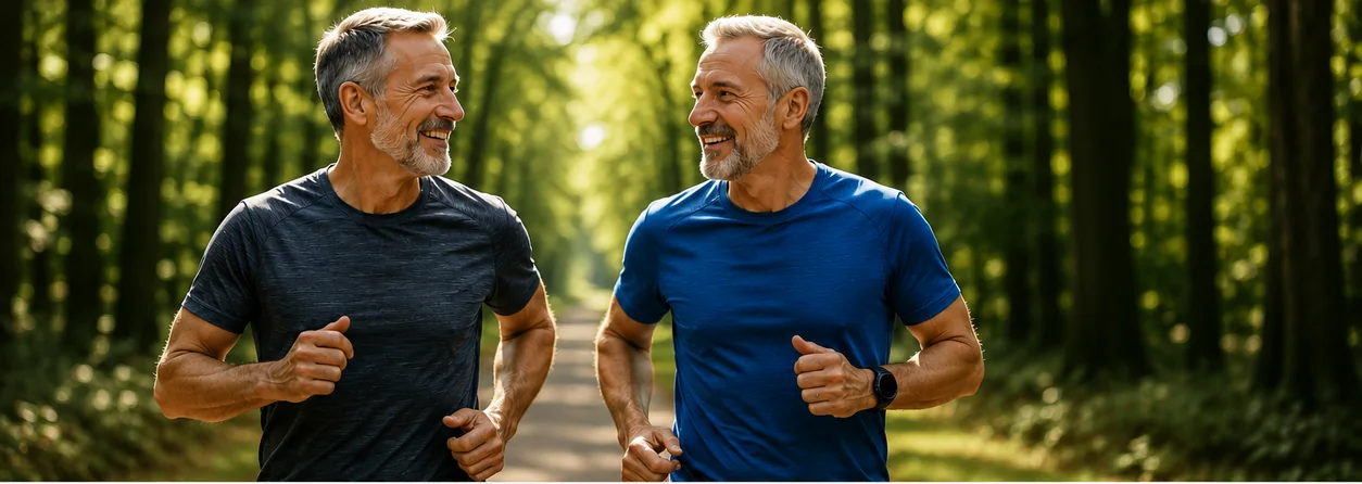 Two older twin brothers running together on a forest path