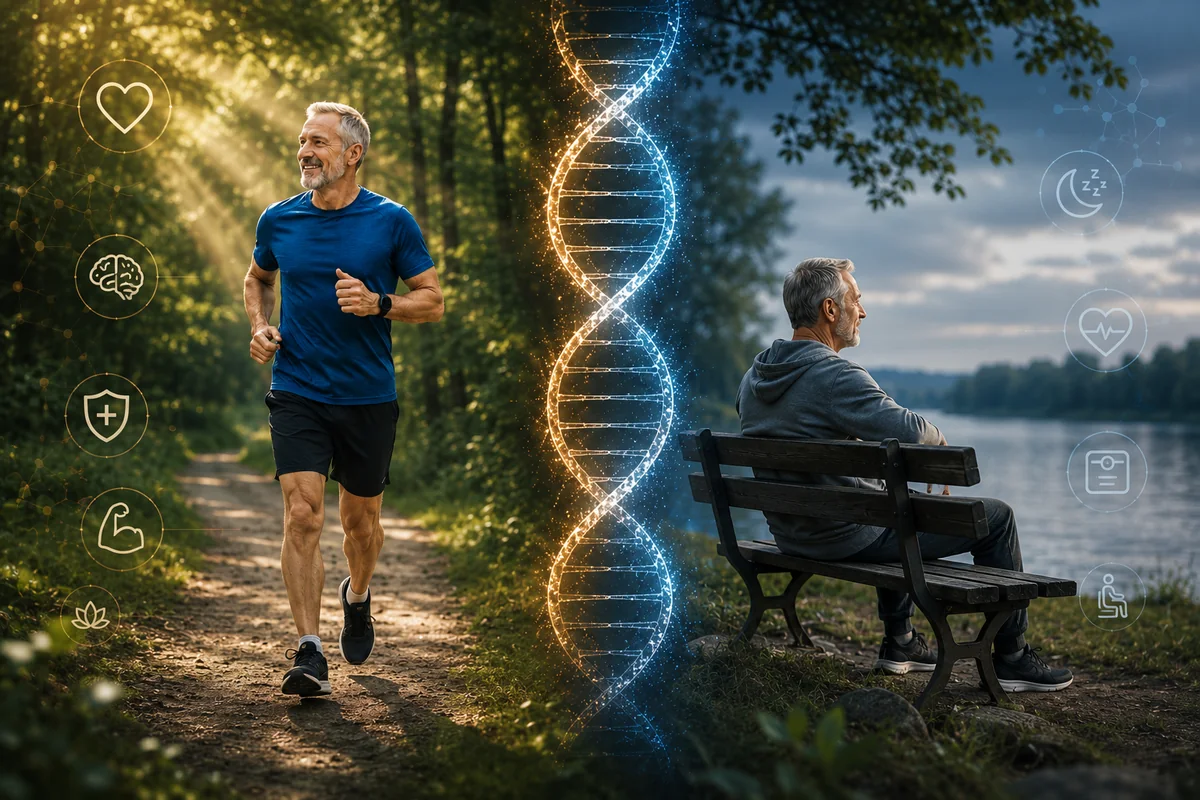 Comparison between an active and a less active older twin with a DNA helix between them