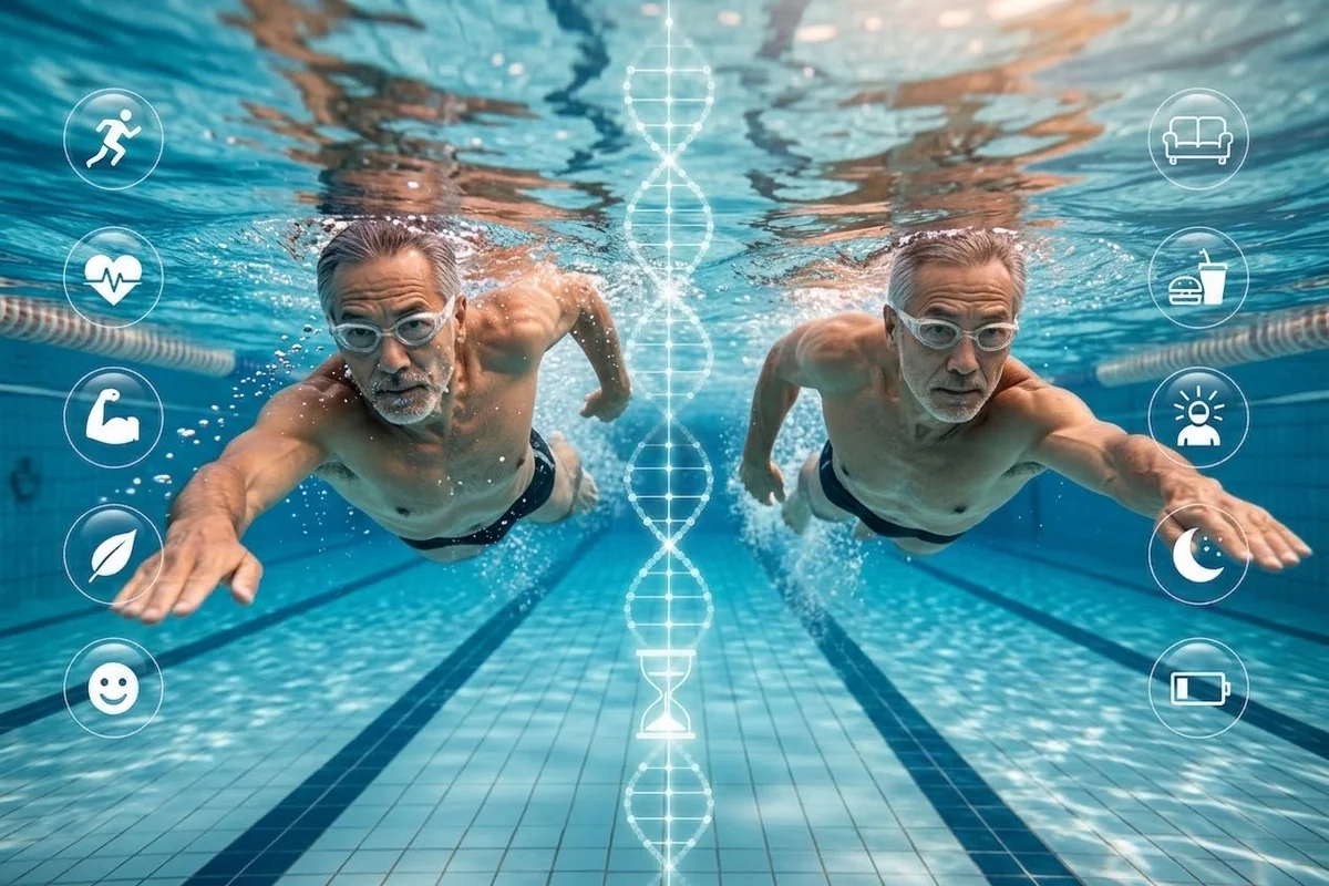Two older twin brothers swimming side by side with a DNA symbol between them