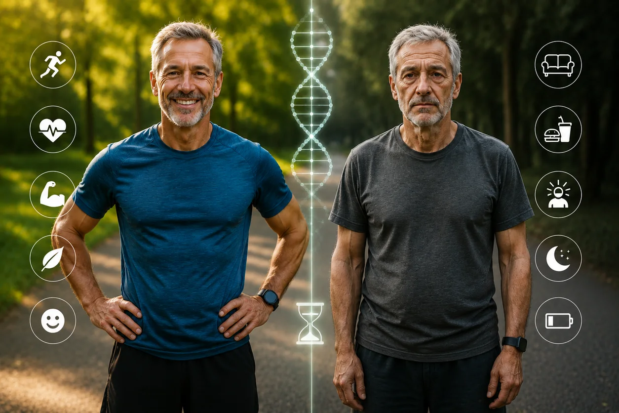 Two older twin brothers with different activity levels and a DNA symbol between them