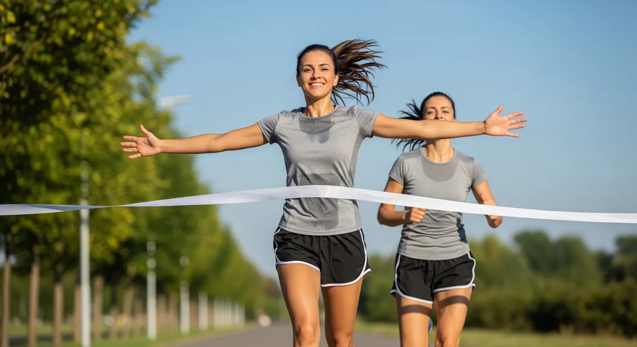 Two twin sisters running toward the finish line in different positions
