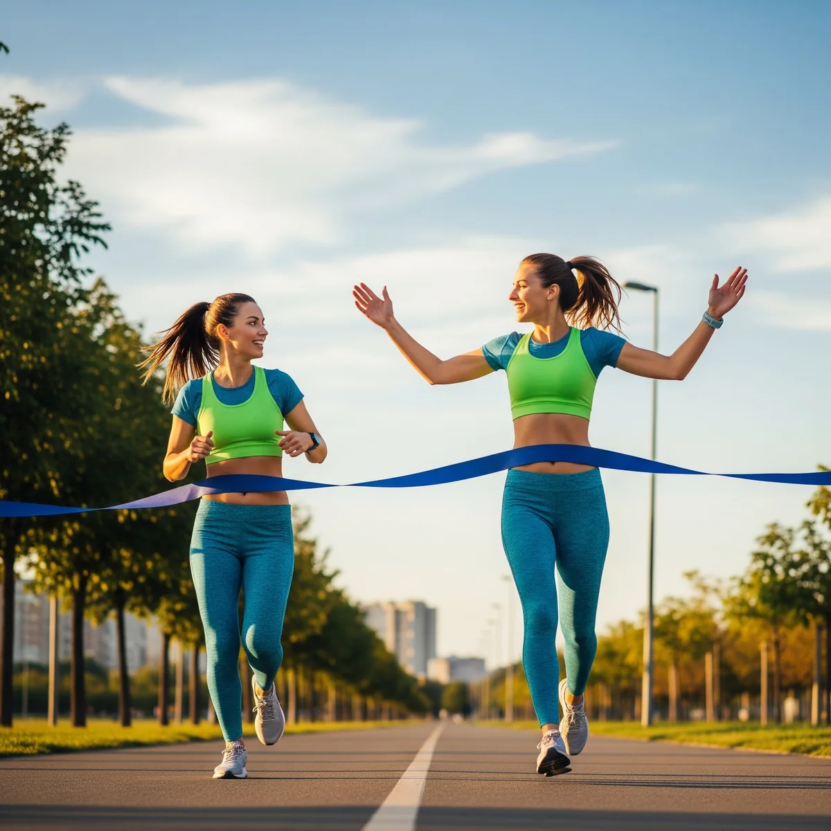 Two twin sisters crossing a finish line together after a race