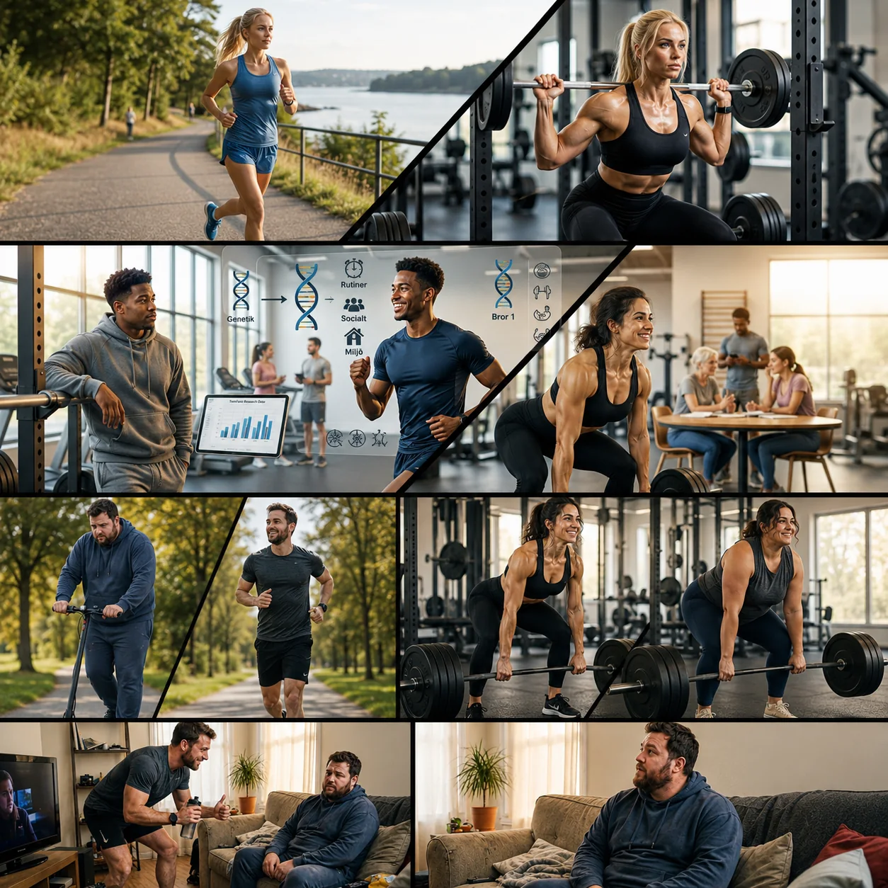 Collage showing twin research, exercise, health, and lifestyle comparisons