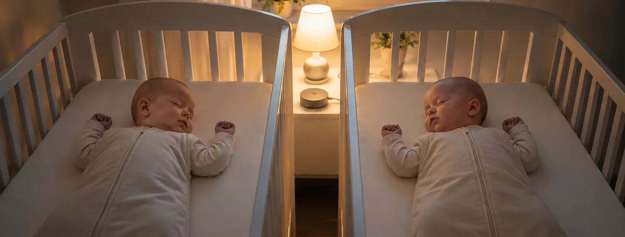 Two babies sleeping in separate cribs, representing early-life timing and development in twin research.