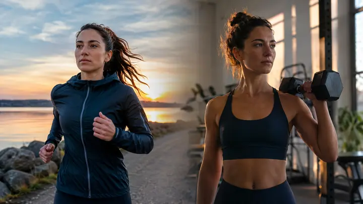 Two twins exercising at different times of day, one in morning light and one in evening light, illustrating chronotype and training timing.