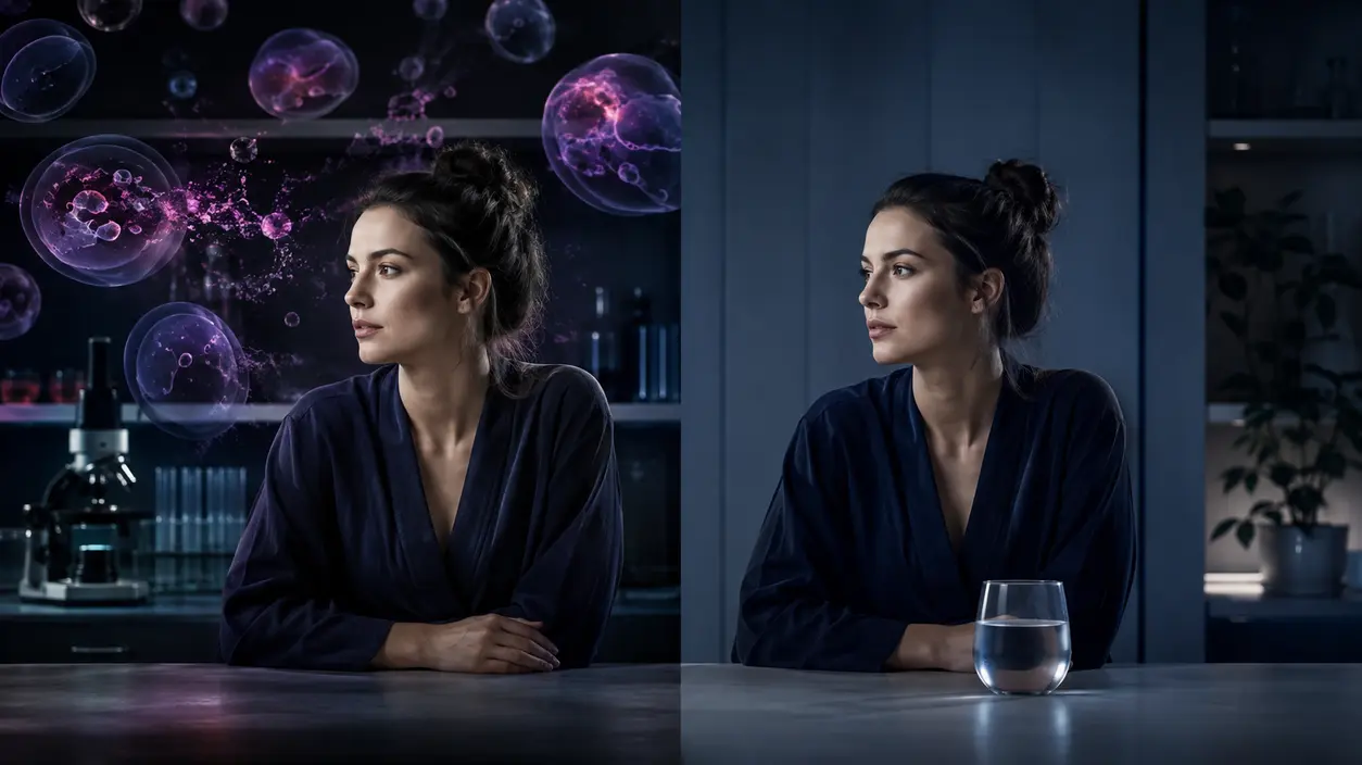 Two women in a research-inspired setting with cellular motifs, representing different fasting methods and metabolic research.