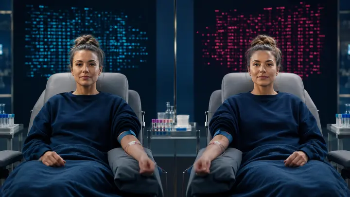 Twin-focused editorial research scene illustrating same fast, different results: can genes shape your response? without medical promises.