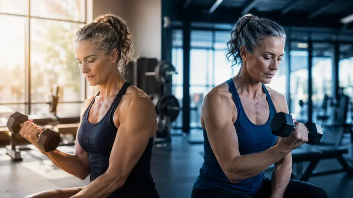 Identical middle-aged twin sisters training side by side in a calm modern gym, one in warm light and one in cool light, representing different hormone exposure histories without medical symbols.