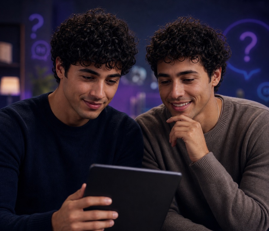 Adult twins calmly reading a support guide together on a tablet