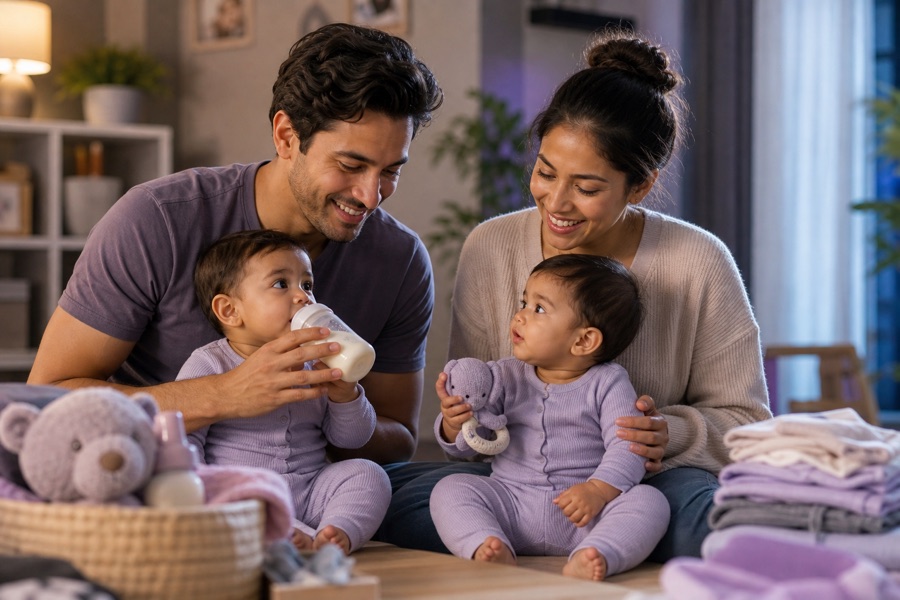 Parents caring for baby twins during an everyday home routine
