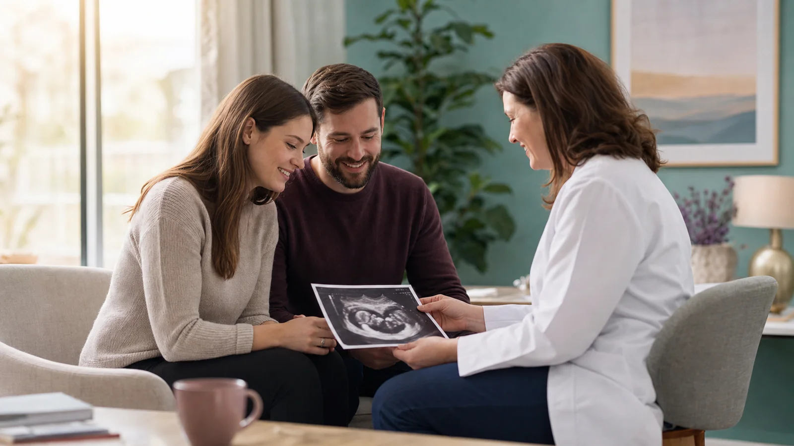 Expecting parent or couple beginning twin pregnancy care in a calm consultation setting