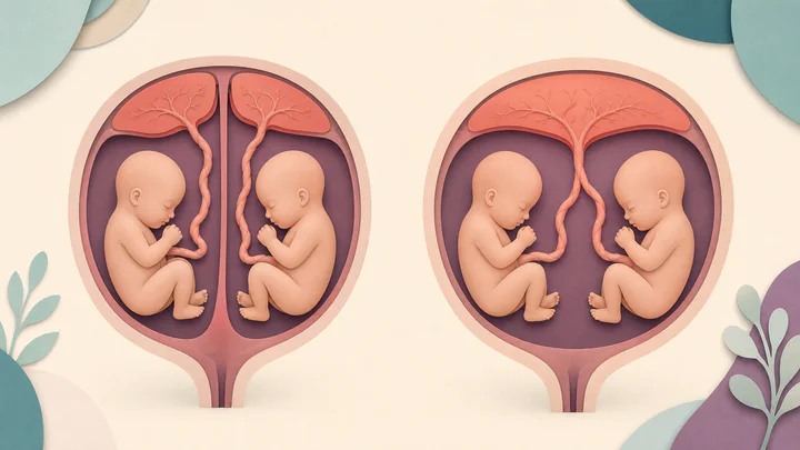 Simple educational illustration explaining different twin pregnancy placental arrangements