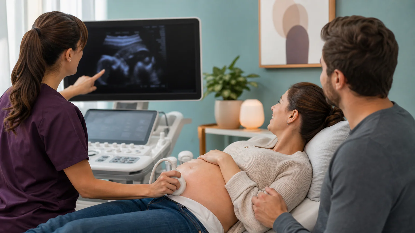 Twin pregnancy ultrasound or antenatal care appointment in a calm medical setting