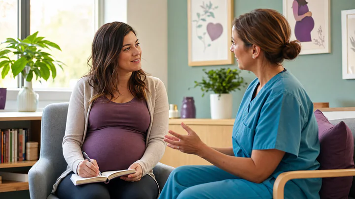 Expecting parent preparing questions for a midwife or doctor during twin pregnancy care