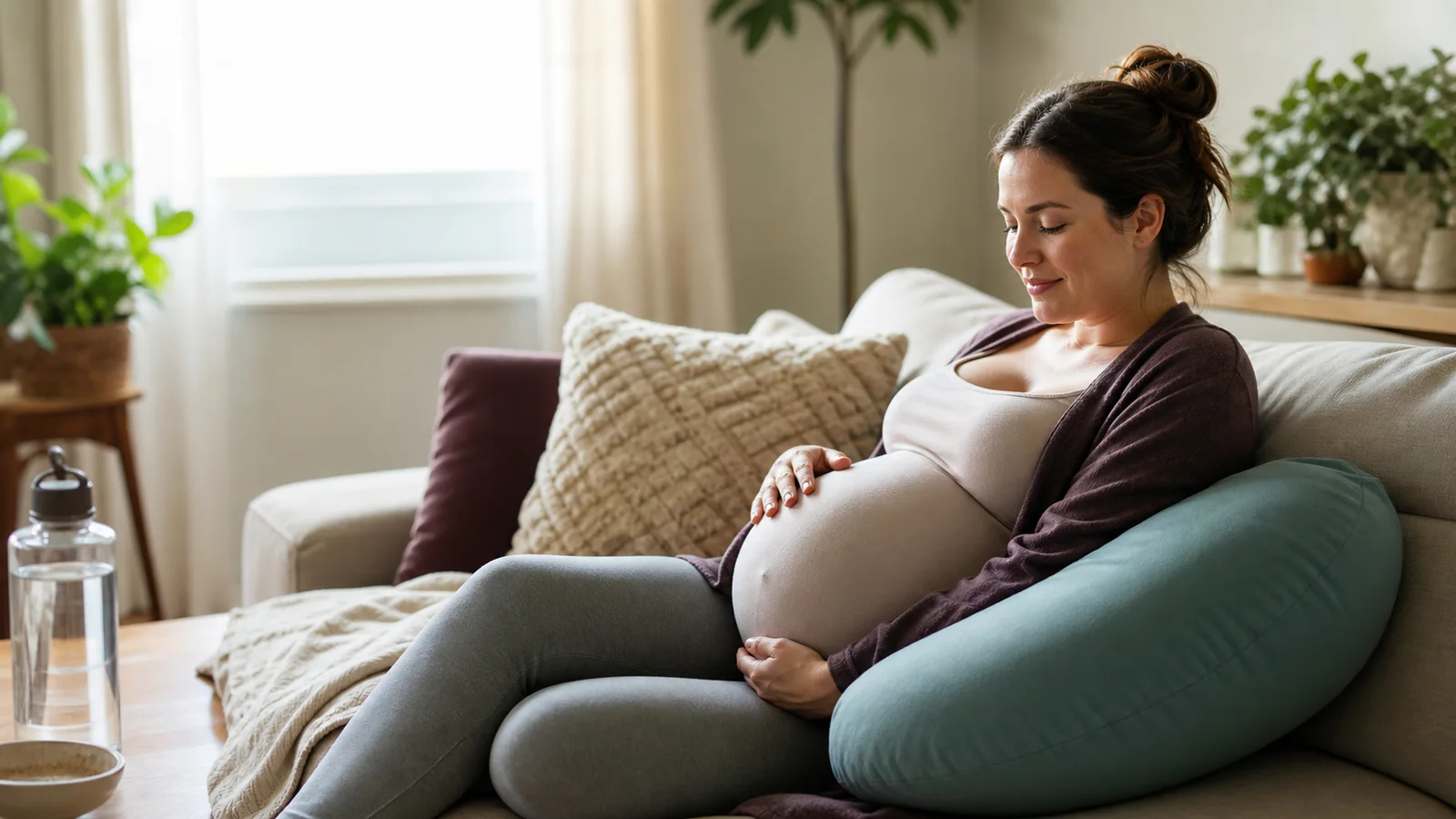 Pregnant person resting comfortably at home during a twin pregnancy