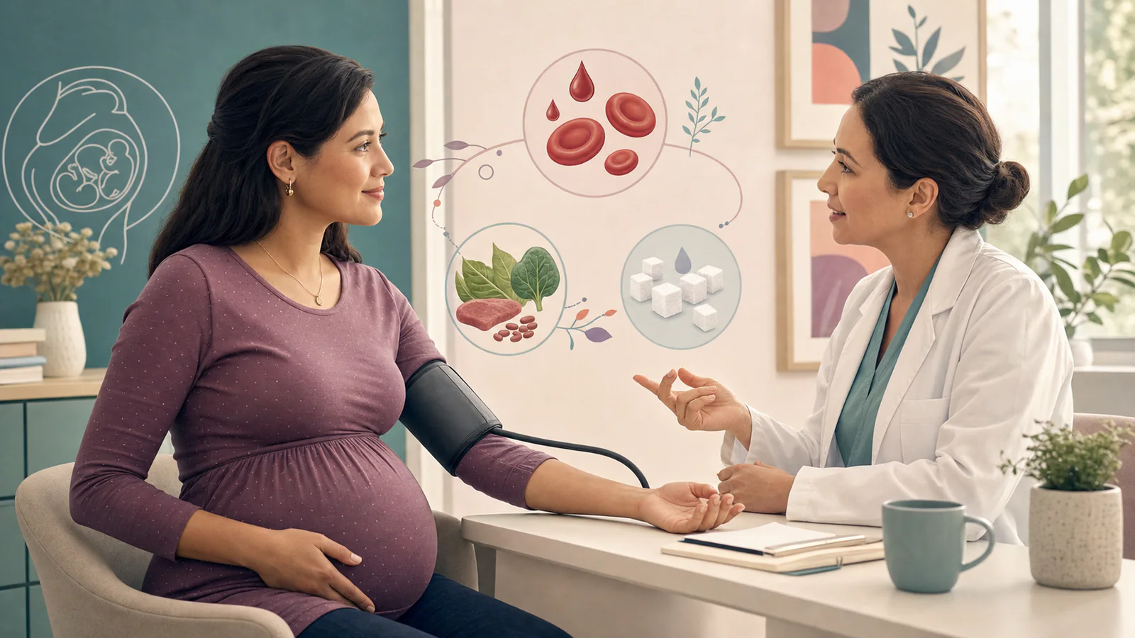 Calm pregnancy monitoring scene related to routine checks and common twin pregnancy risks