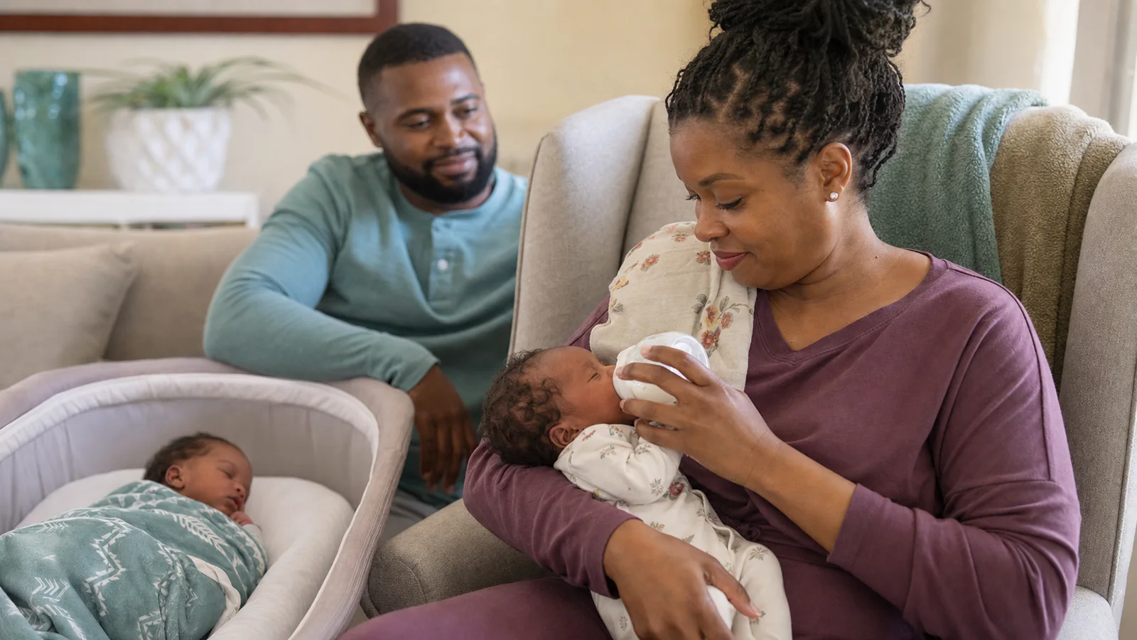Parent caring for newborn twins during the first weeks at home