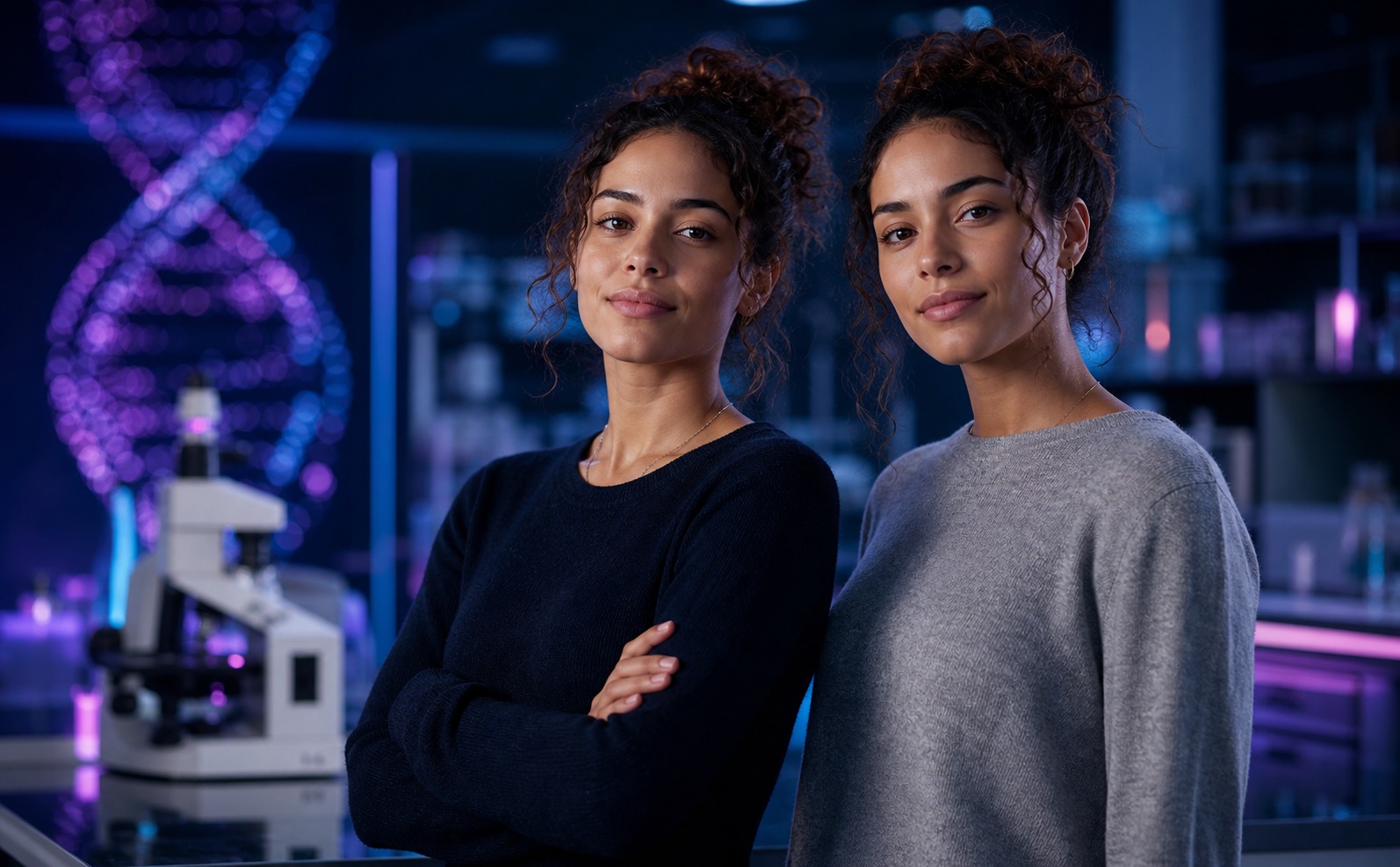 Adult twins in a genetics research setting with subtle DNA-inspired light