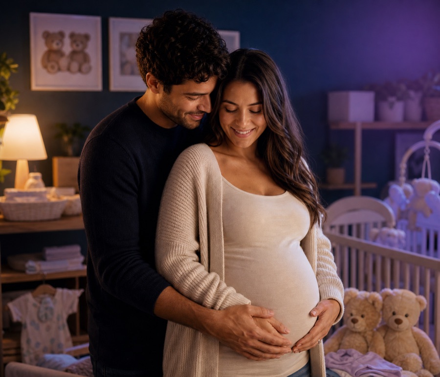 Expecting parents preparing a warm nursery for twins