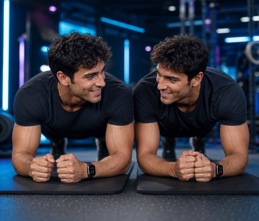 Adult twins training together in a modern fitness setting