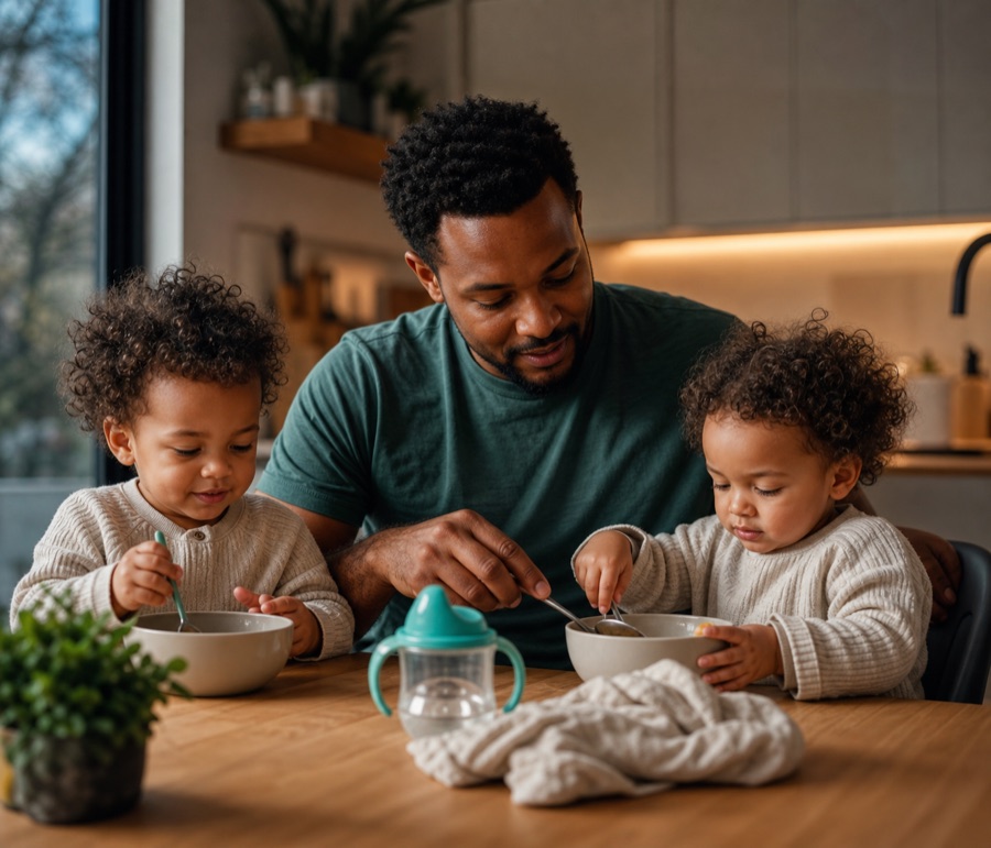 Parent caring for young twins during a daily home routine