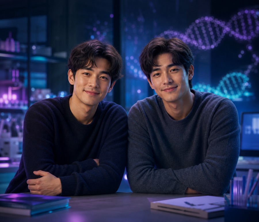Adult twins in a science and genetics inspired setting