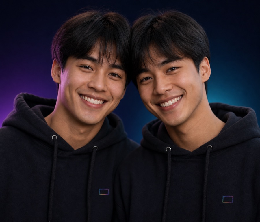 Adult twin brothers in a premium portrait setting